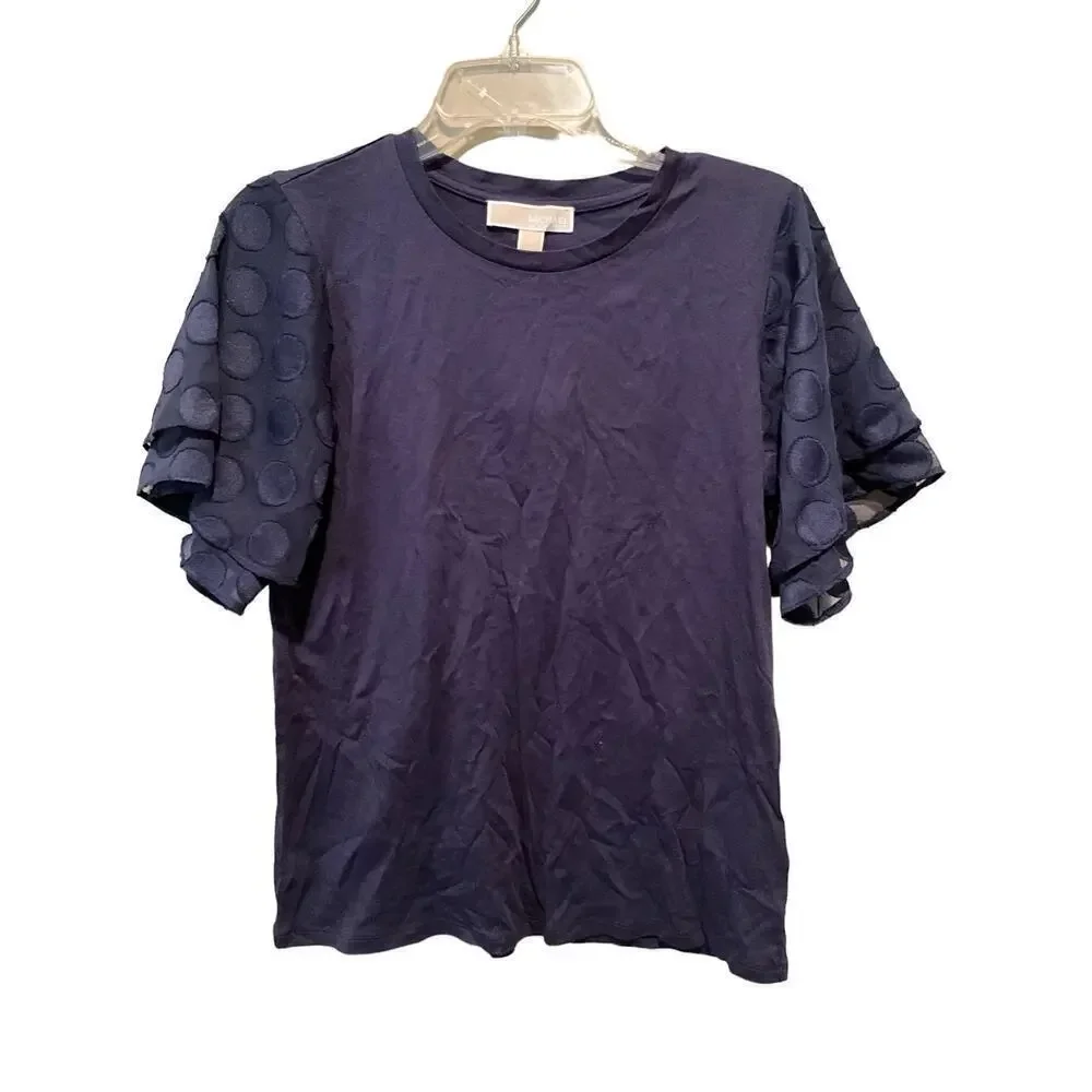 Michael Kors Blouse Top‎ Women SZ L Blue Polka Dot Ruffle Short Sleeve Crew Neck